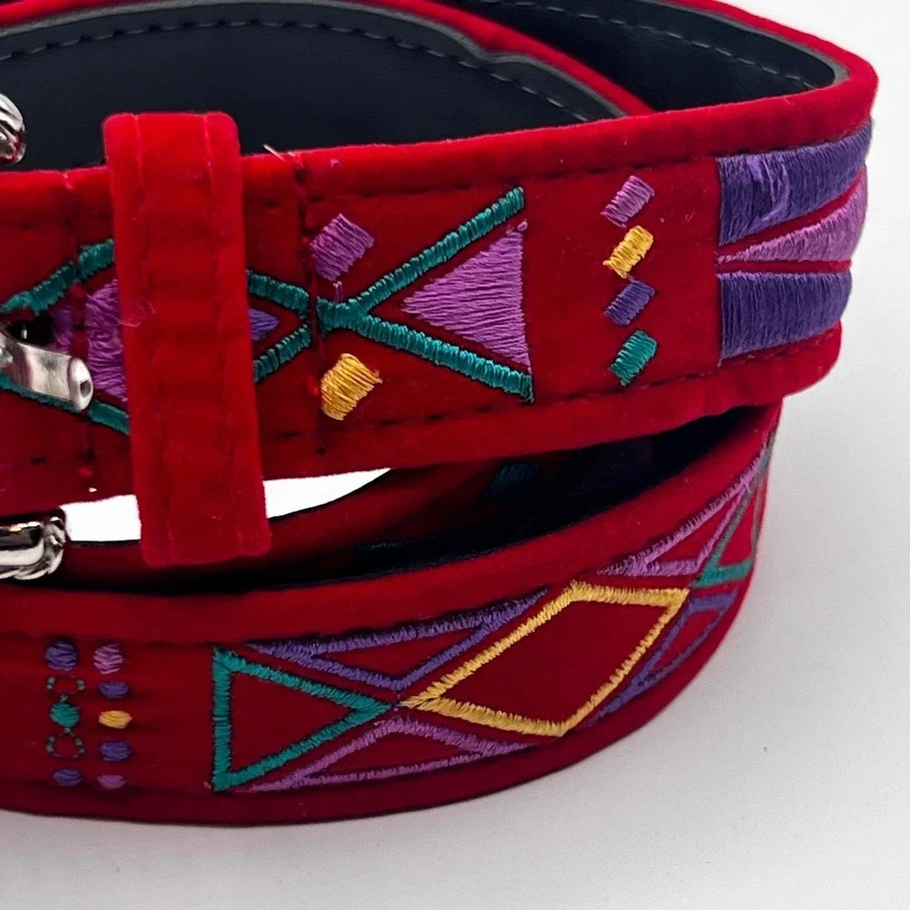 Vintage Comeco Belt Red‎ Velvet Embroidered Geometric Pattern Size S/M KIDS